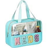 BuyCard Chenille Letter Patch Clear Travel Bags, Preppy PVC&Nylon Makeup Bag with Handle and Zipper, Waterproof Large Clear Travel Toiletry Bag Storage Bag for Women Girls