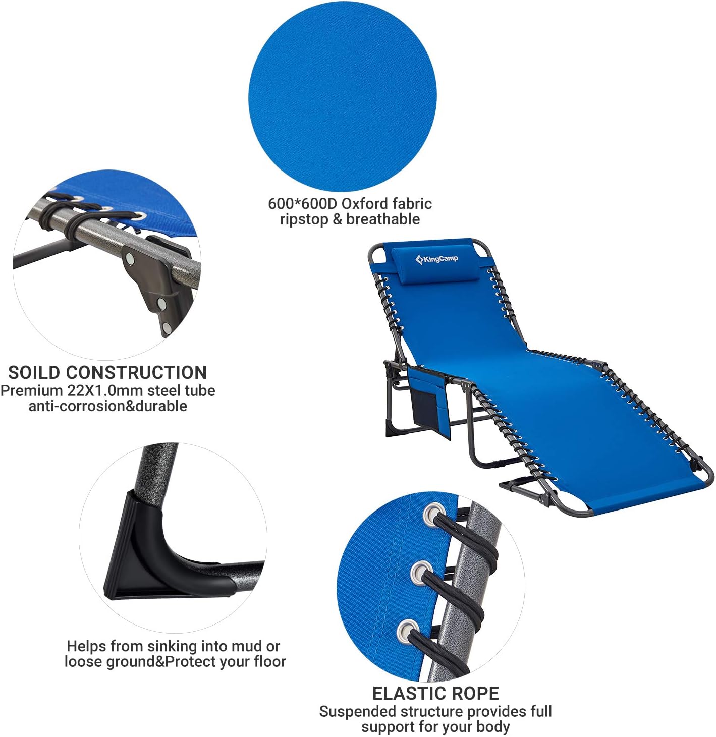 KingCamp 4-Fold Outdoor Folding Chaise Lounge Chair for Beach, Sunbathing, Patio, Pool, Lawn, Deck, Portable Lightweight Heavy-Duty Adjustable Camping Reclining Chair with Pillow, Blue : Garden & Outdoor