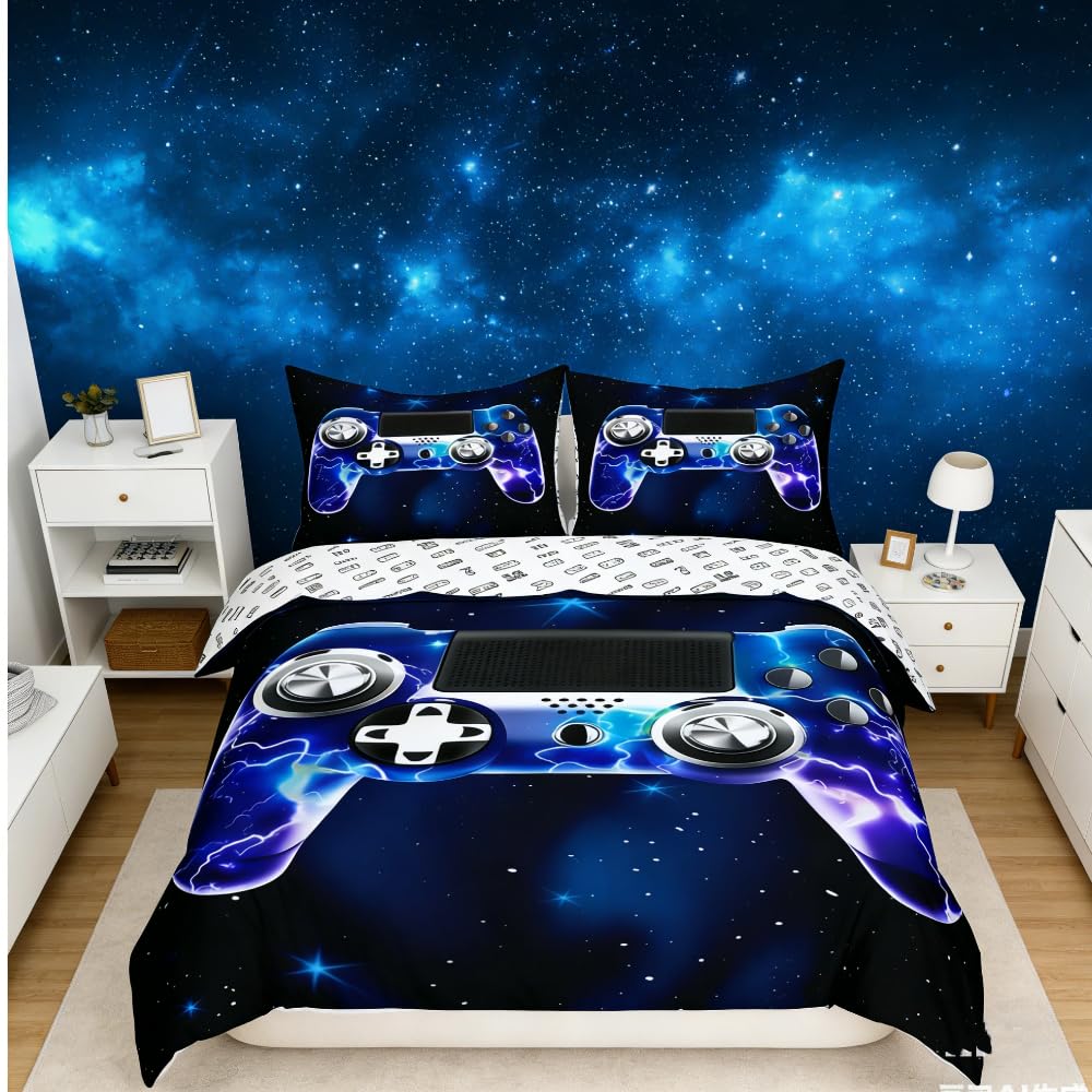 Homemissing Galaxy Gamer Duvet Cover Purple Lightning Gamer Bedding Set for Kids Boys Video Game Gamer Bedding & Linen Game Controller Bedding & Linen 2Pcs Single Size