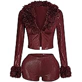 Milumia Women's 2 Piece Outfits Faux Leather Fur Trim Cropped Cardigan Mini Shorts Sets Club Outfits