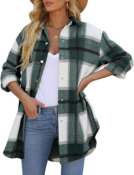 REACHME WOMENS OVERSIZED PLAID SHACKET WITH POCKETS BUTTON DOWN FLANNEL JACKET BRUSHED WOOL BLEND COATS(B-GREEN,XL)