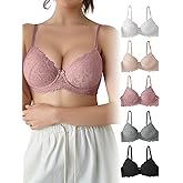 Women’s Daily Bra, 5 Pcs Romantic Lace Push-Up, Bra for Women, Everyday Lingerie, for Small Breasts with Adjustable Fit