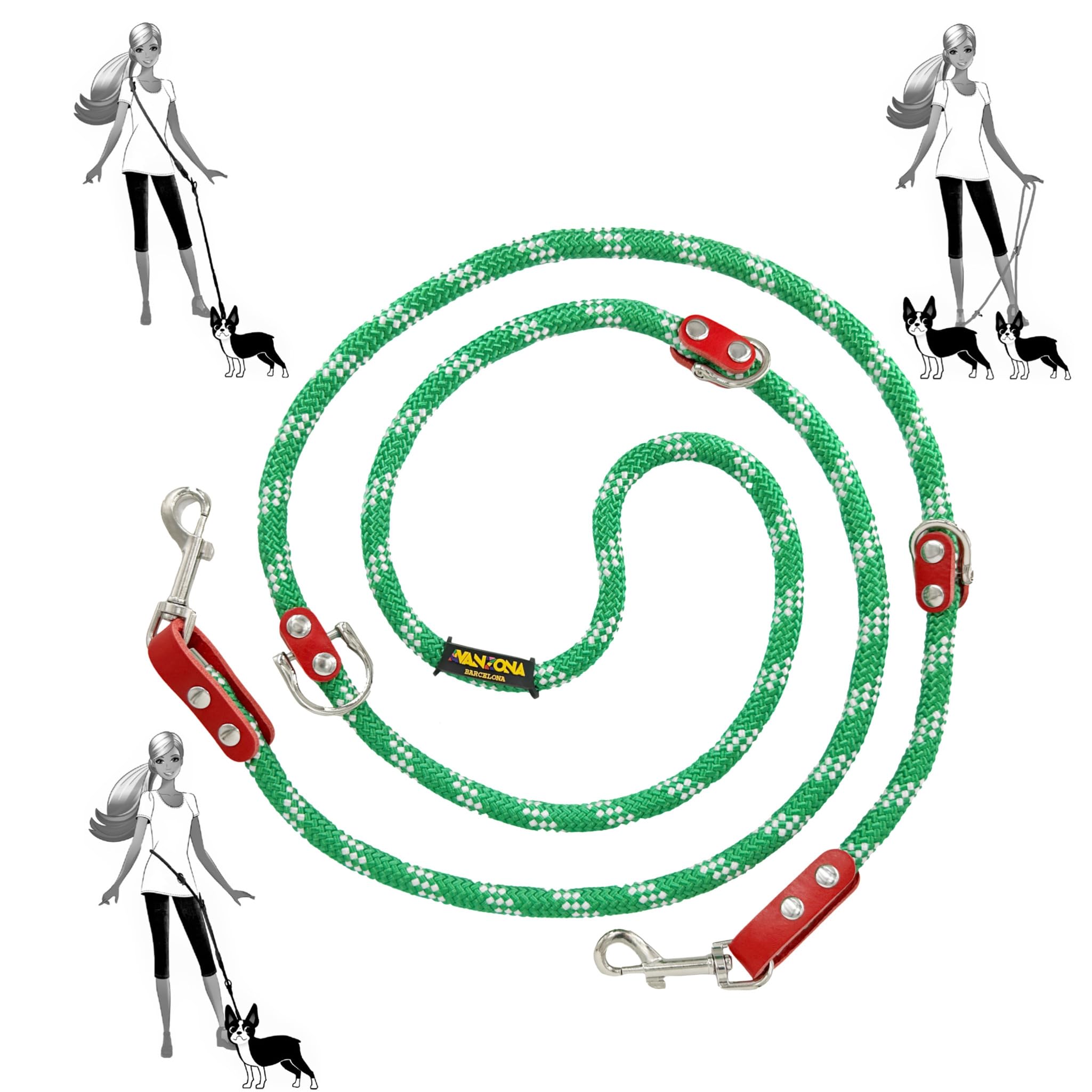 Hands Free Dog Lead. Double Ended, MultiFunction, Multiposition, for 2 Dogs, Small Medium Large. Rope and Leather, Made in Spain. Green White & Red.