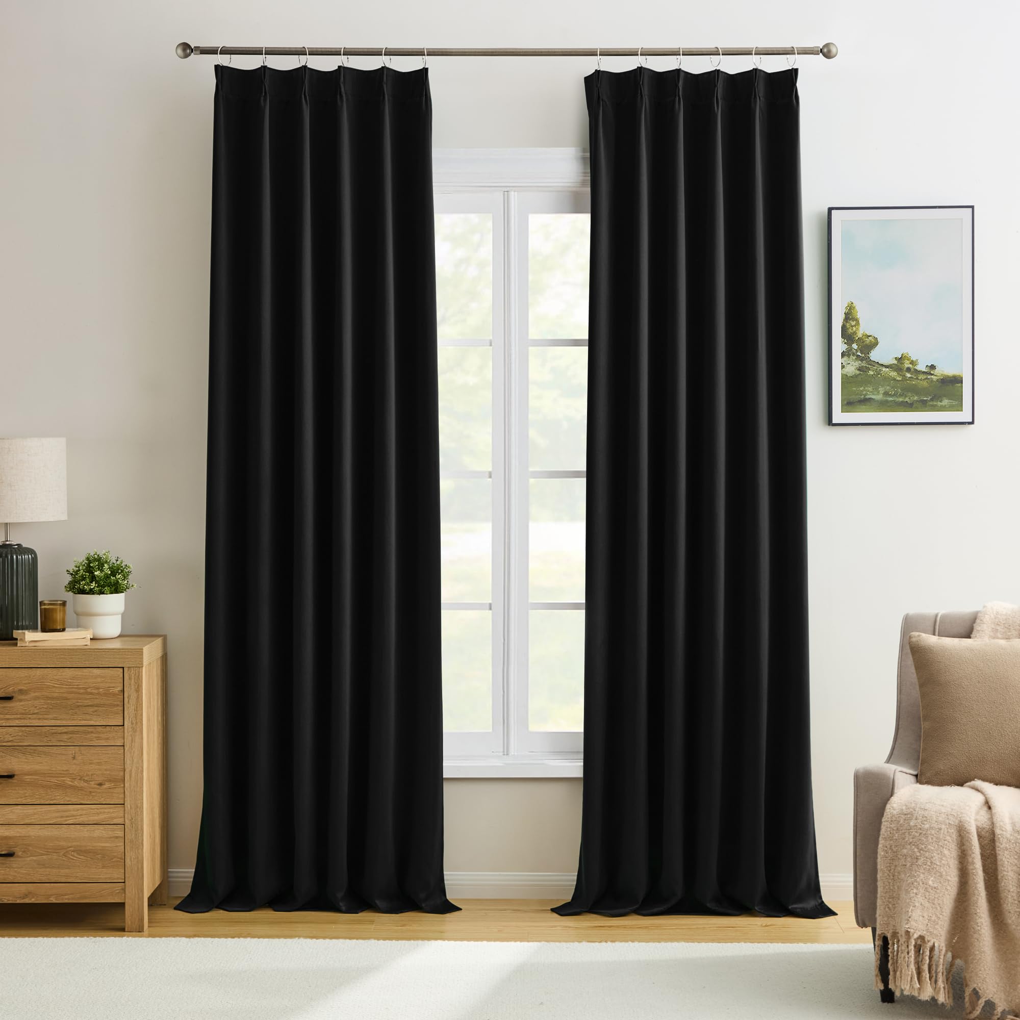 Photo 1 of KEQIAOSUOCAI Black Curtains Blackout 120 Inches Long, Luxury Faux Silk Polyester Pinch Pleated Thermal Insulated Black Out Curtains with Hooks for Living Room Home Office 40x120