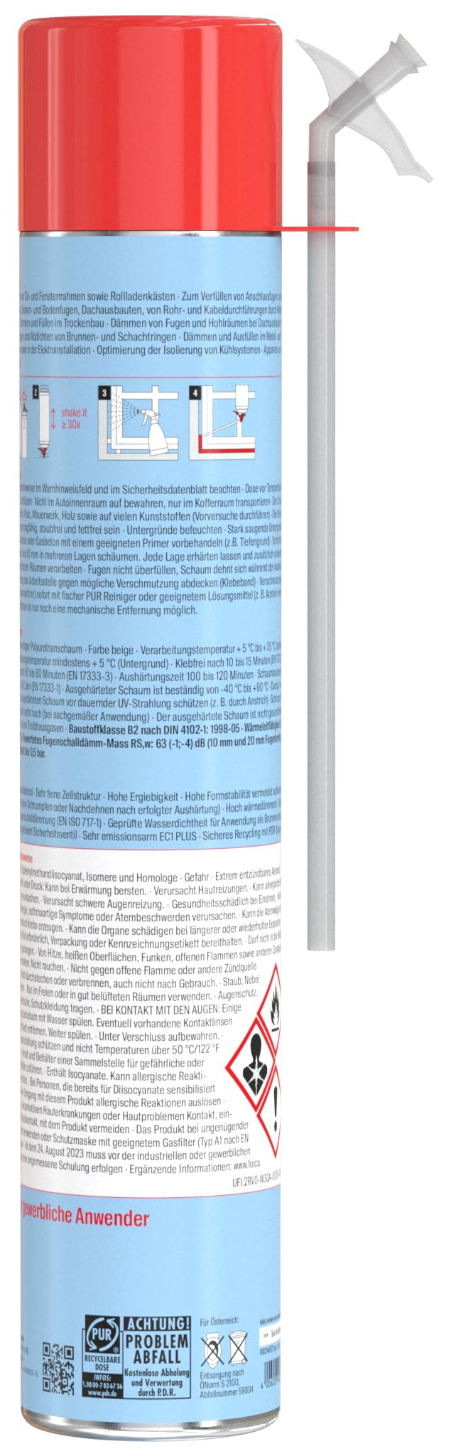 fischer Schnell-Montageschaum PU S 750, Bauschaum für Verfüllung, Dämmung & Isolierung, PU-Schaum inkl. Adapter für sofortigen Einsatz, 750 ml 2