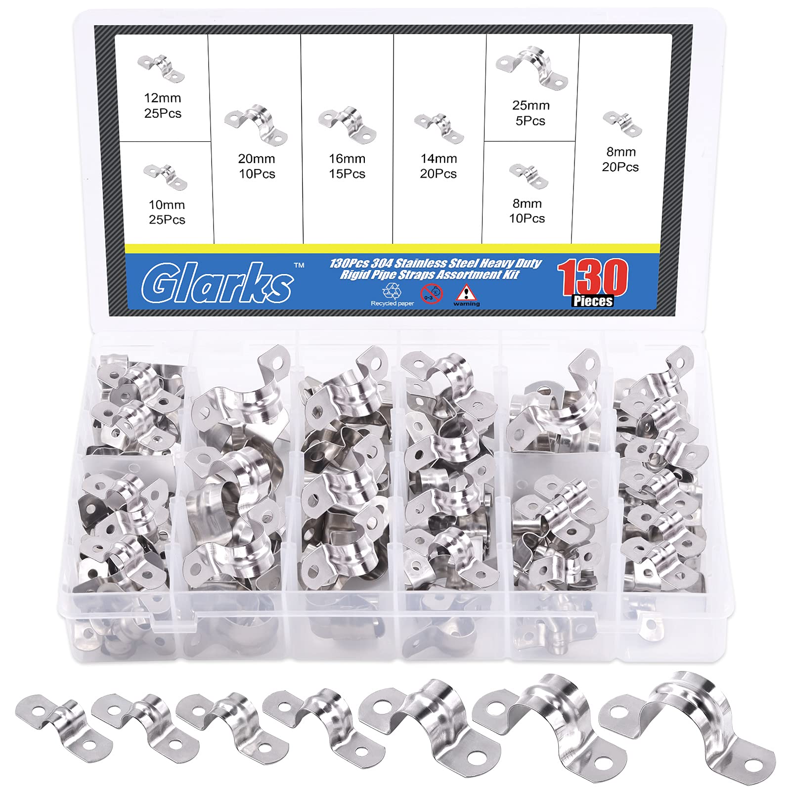 Glarks 130Pcs Two Hole Strap Clamps Set M8 M10 M12 M14 M16 M20 M25 304 Stainless Steel Heavy Duty Rigid Pipe Strap U Bracket Tube Strap Assortment Kit For Pipe Tube Fixing