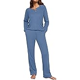 Ekouaer Waffle Knit Pajamas for Women Set Long Sleeve Pants Pj Henley Tops Lounge Sets Comfy Sleepwear with Pockets