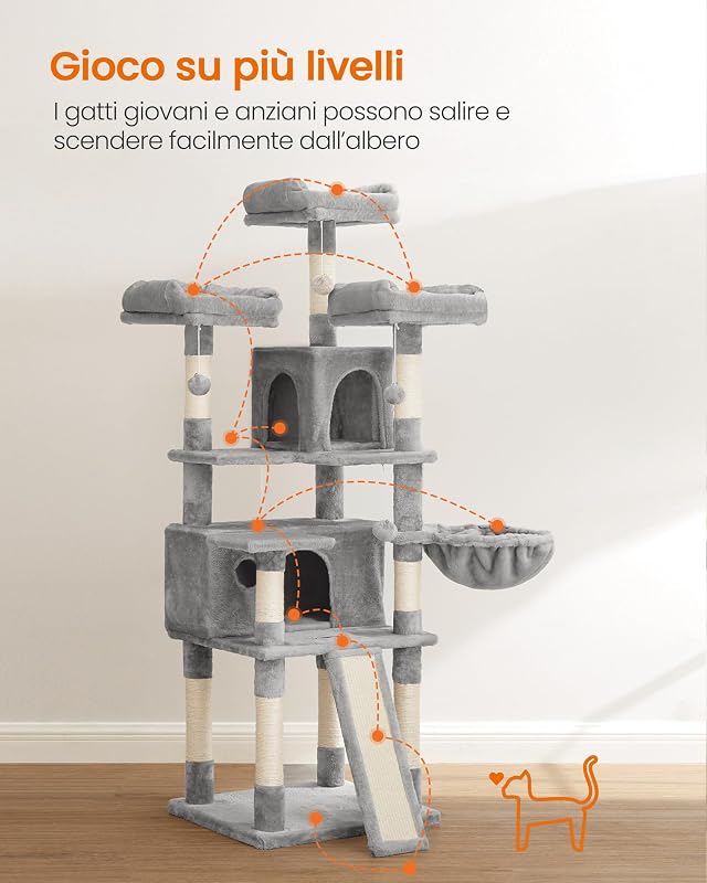 Tiragraffi per Gatti, XXL Posatoio, 162 cm, Grigio Chiaro PCT019W01