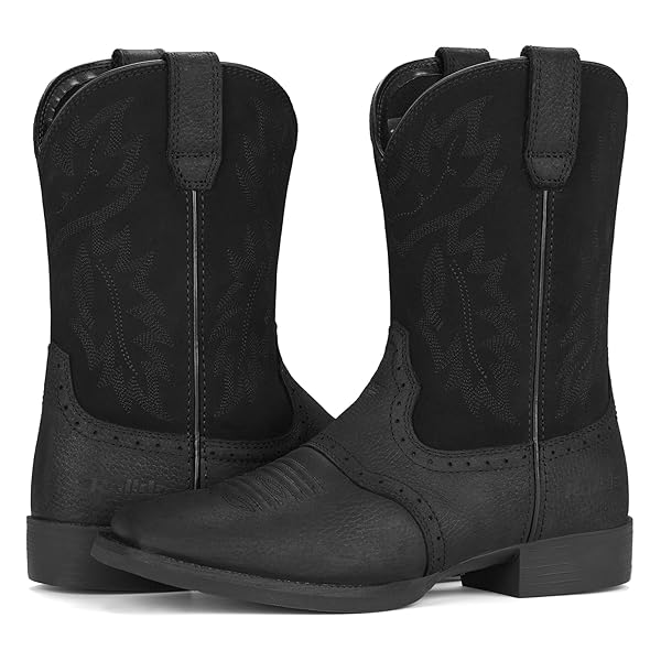 ROLLDA LEATHER COWBOY BOOTS FOR MEN WESTERN BOOTS SQUARE TOE CHUNKY HEEL MID-CALF BOOTS CLASSIC EMBROIDERED WITH PULL ON TABS BLACK SIZE 8