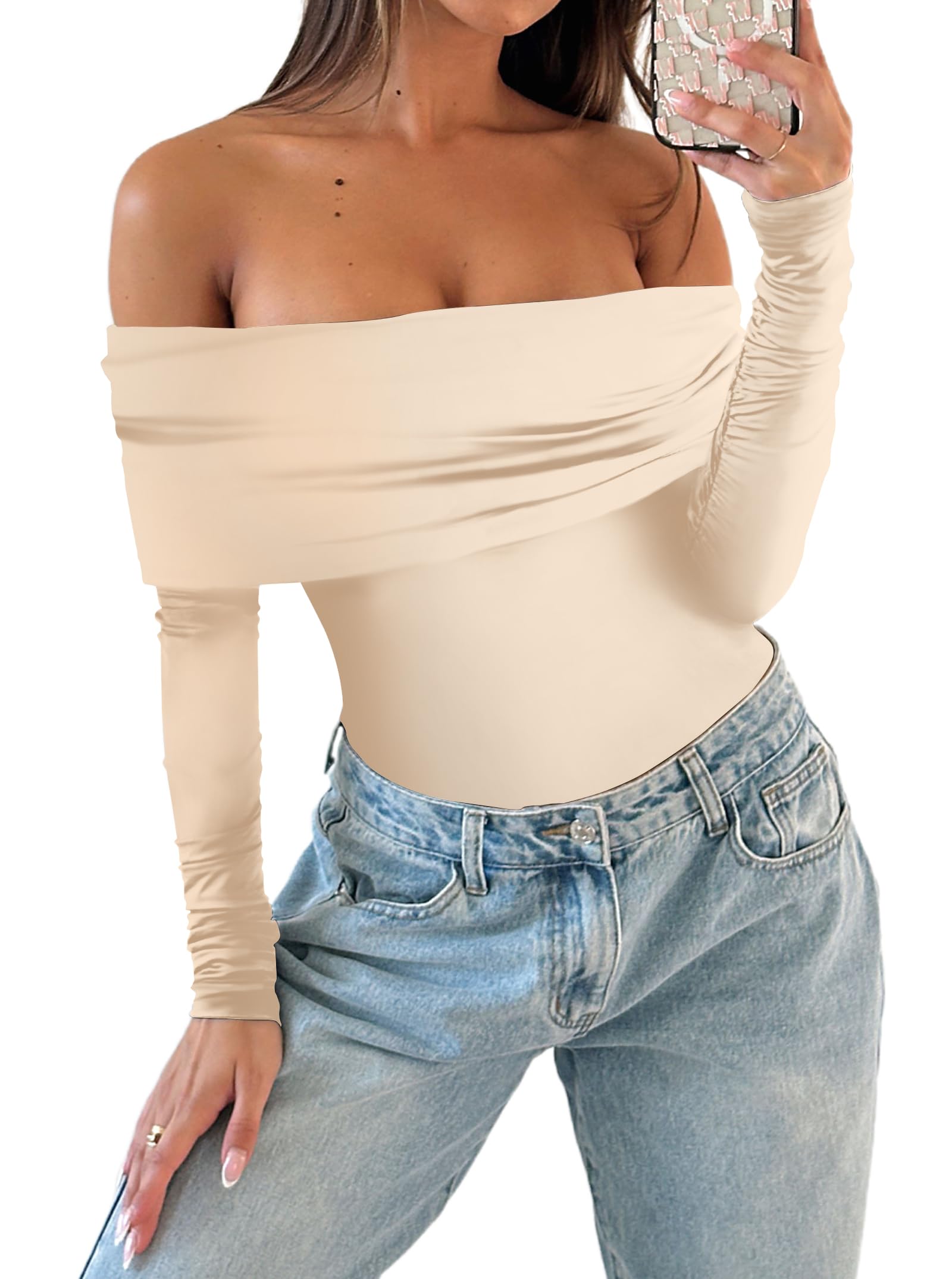Photo 1 of AGECODE Women's Sexy Off The Shoulder Ruched Layer Long Sleeve Bodysuit Tops Shirts Khaki Small