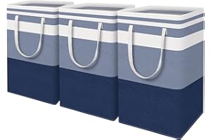 EpicTotes 3-Pack Large Laundry Basket, Collapsible Laundry Hamper, Freestanding Waterproof Laundry Bag, Tall Clothes Hamper-Extended&Reinforced Handles-for College Dorm, Family-Gradient Blue/88L