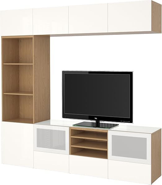 Ikea Besta Tv Aufbewahrungskombination Glasturen Eiche Effekt Selsviken Hochglanz Weiss Satiniertem Glas Amazon De Kuche Haushalt