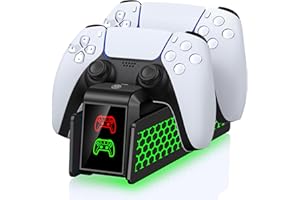 NinJoyGo PS5 Controller Charger Station with Cool Lighting, Charging Dock for PlayStation 5 DualSense & Edge Controllers, PS5 Accessories Charging Stand with LED Indicator, Black