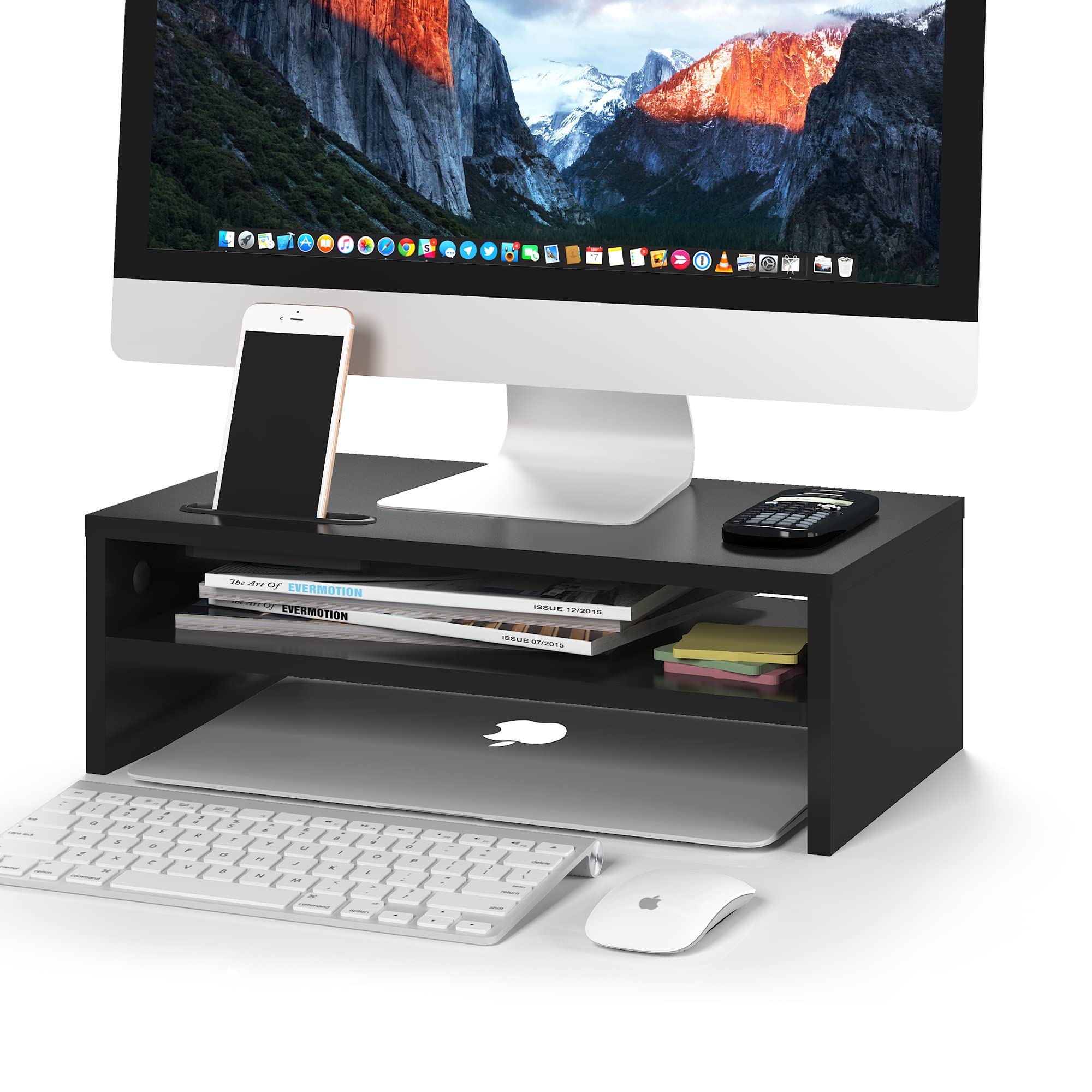 BONTEC Wooden Monitor Stand Riser, 2-Tier Desk Shelf with Storage Organizer, Ergonomic Computer Stand with Cable Management, Cellphone Holder, Black, 16.5 Inch