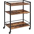 HOOBRO Bar Cart for The Home, Serving Cart with Wine Glass Hooks, Rolling Kitchen Cart with Lockable Wheels, 25.2 x 15.7 x 33.3 Inches Beverage Cart with Storage Shelves, Rustic Brown BF02TC01