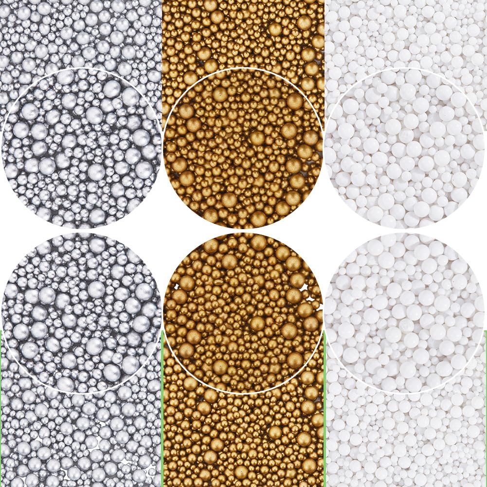 SUNNYCLUE 105G 3 Colors Glass No Hole Beads Small Bubble Bead Bulk Antique Silver Golden White Droplet Vase Filler Miniature Seed Tiny Smooth Bead for DIY Crafts 3D Art Nail Decors Jewellery Making
