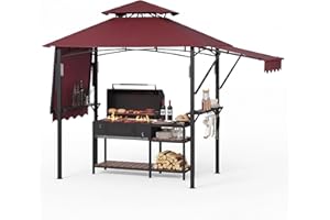 8' x 5' Grill Gazebo BBQ Gazebo with Adjustable Dual Side Awning, Double-Tiered BBQ Shelter with Shelves, Hooks & LED Lights,