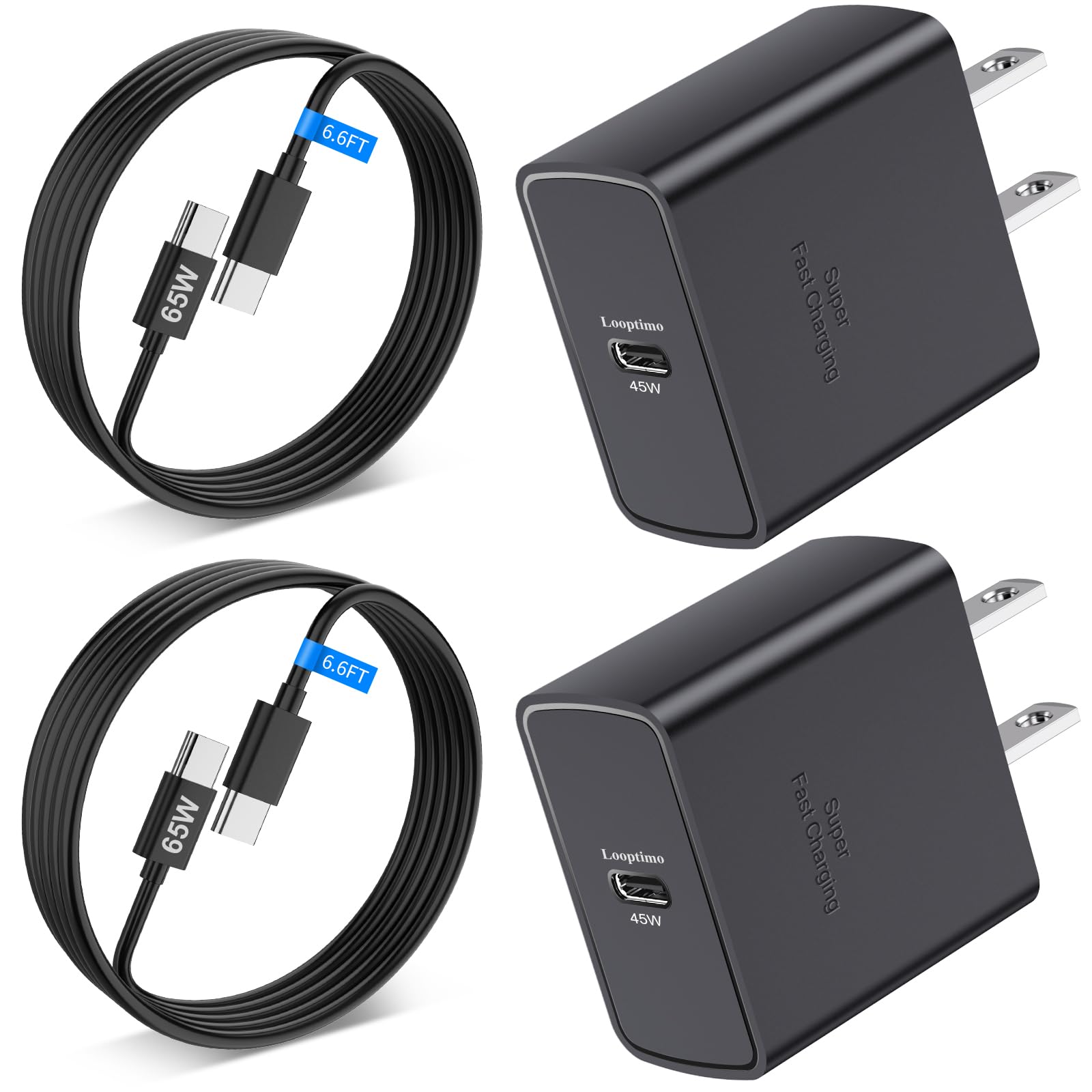 Photo 1 of 45W Super Fast Charger USB C Android Phone Block, Looptimo GaN Type C Charger Adapter Fast Charging For Samsung Galaxy S25 Ultra/S25 Plus/S24+/S23/S22/S21/A55/A54/Tab S10 Ultra(With 2Pack 6.6FT Cable)