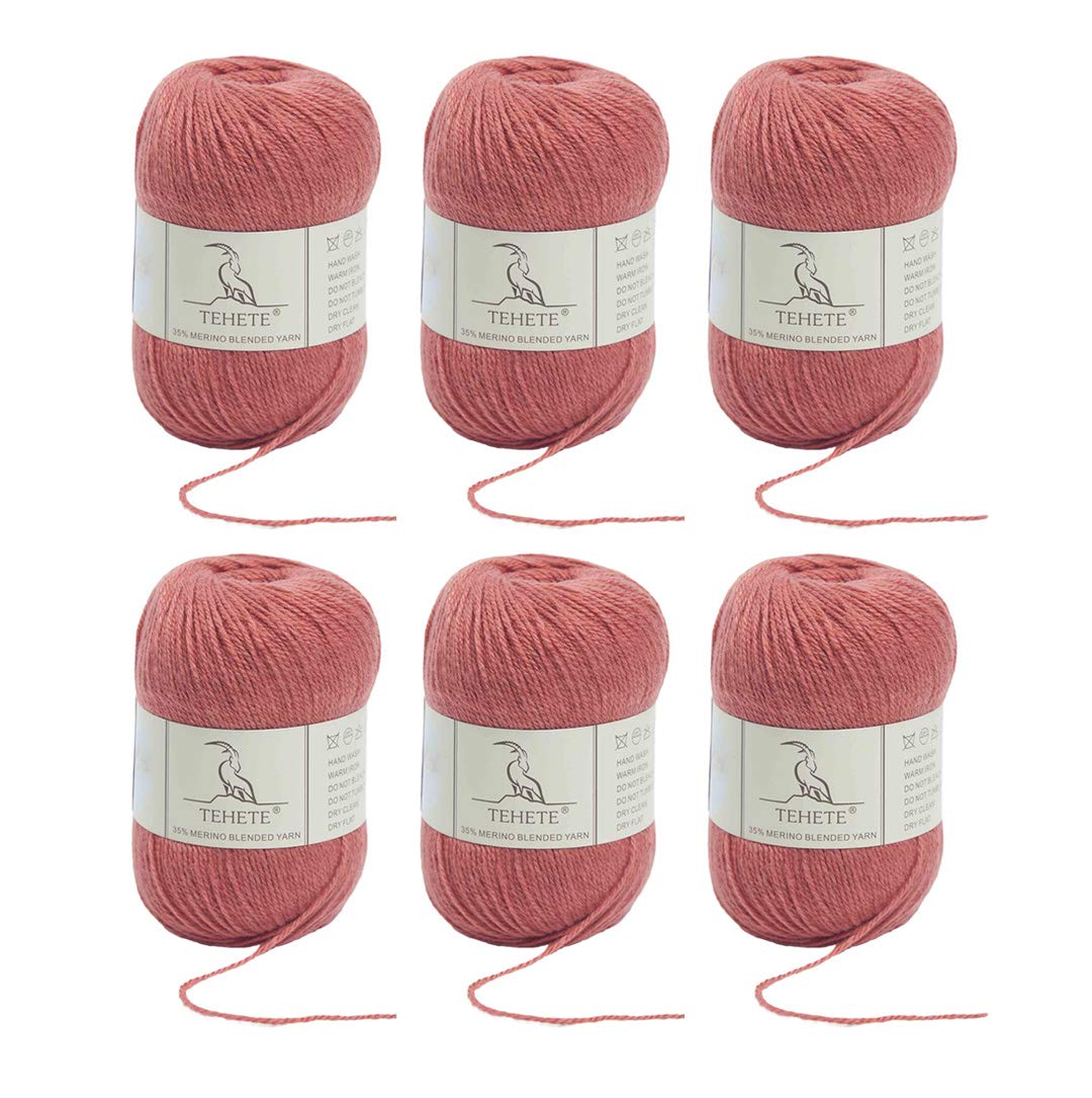 TEHETE Merino Wool Yarn for Knitting and Crochet 6x50g 35% Merino Blended Yarn 3ply Soft, Set of 6-Pink