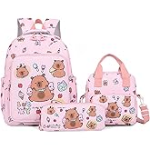 Capybara Backpack Cute Kawaii Backpack 3Pcs Set with Lunch Bag and Pencil Case, Funny Going Out Cartoon Laptop Travel Bag (Pink)