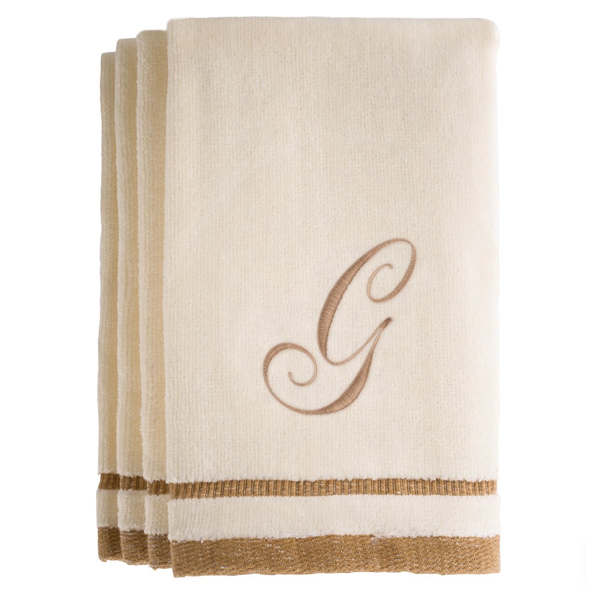 Monogrammed Gifts, Fingertip Towels, 11 x 18 Inches - Set of 4- Decorative Golden Brown Embroidered Towel - Extra Absorbent 100% Cotton- Personalized Gift- For Bathroom/ Kitchen- Initial G (Ivory)