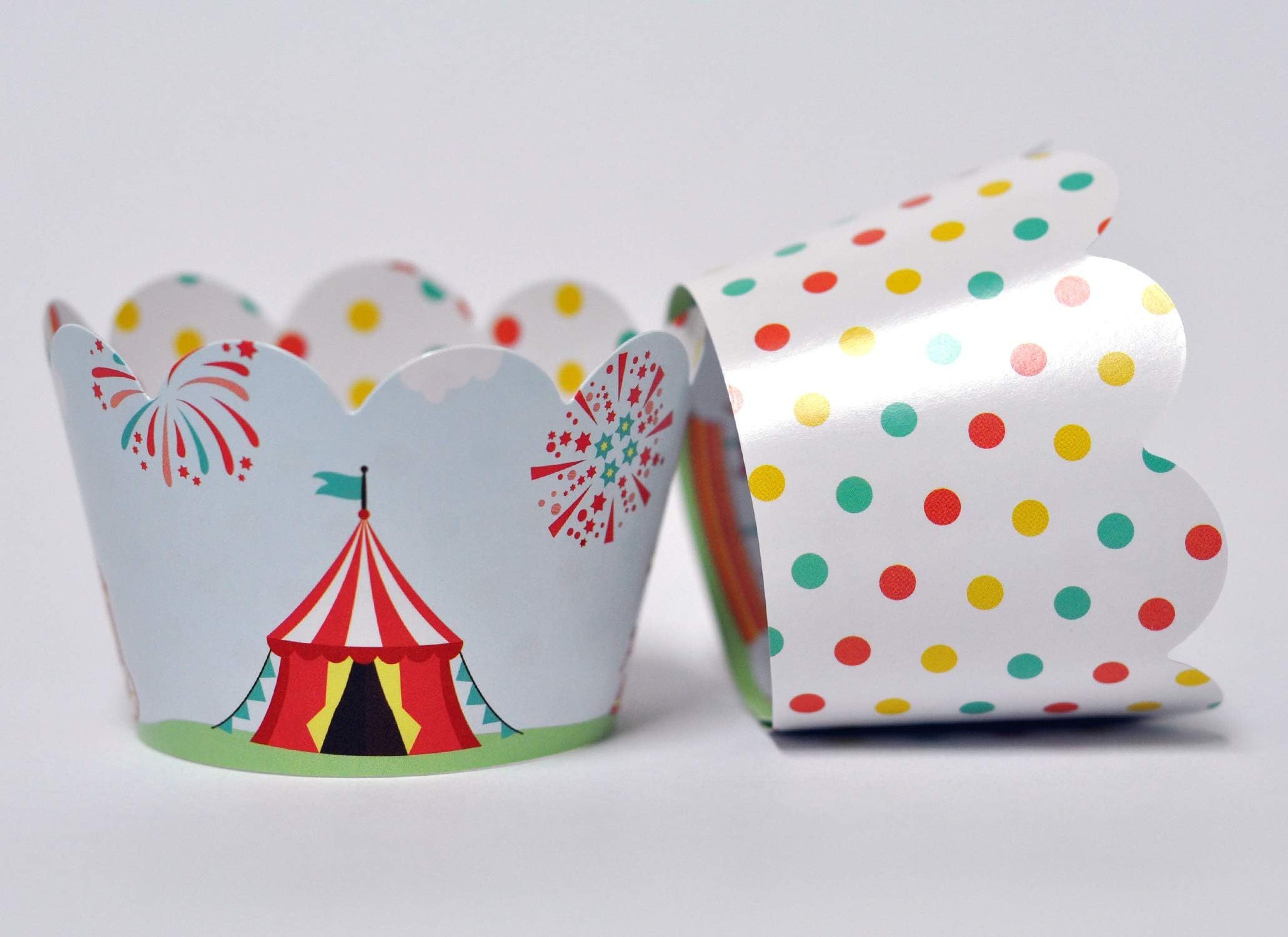 Carnival Circus Cupcake Wrappers for Kids Birthday Parties, Baby Showers, and School Events. Set of 24 Reversible cute Circus Scene to Pastel Polka Dots Cup Cake Holder Wraps. Coral, Teal, Yellow