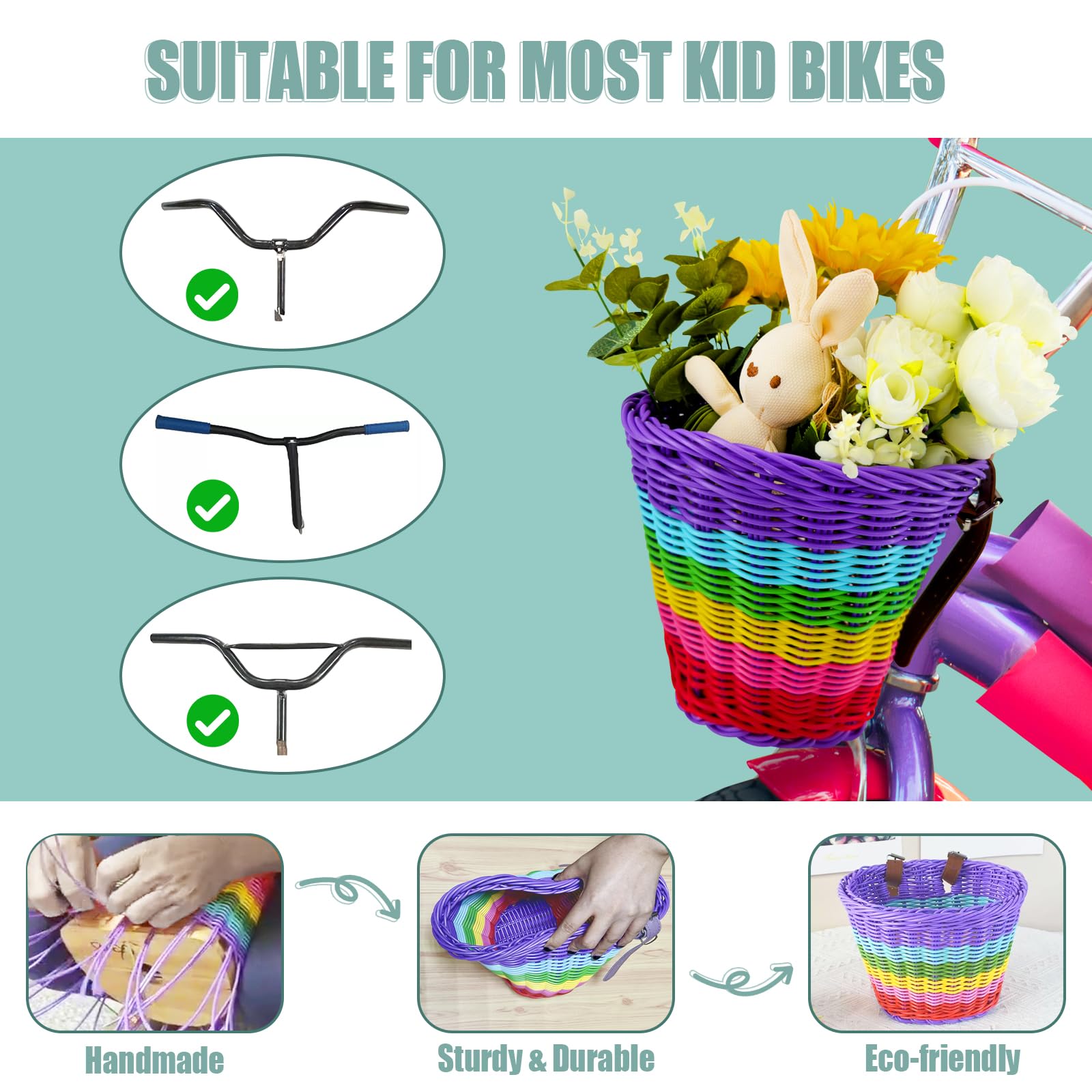 Gify Kids Bike Basket Front, Handwoven Wicker Rainbow Bicycle Basket for Girls, Colorful Large-Capacity Toddler Bike Accessory with 2 Adjustable Leather Straps for Scooters and Tricycles - Purple