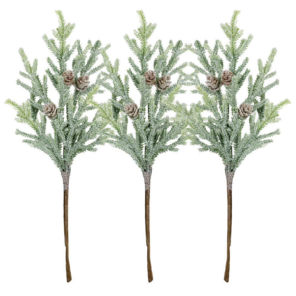 Photo 1 of 3 Pack Frosted Artificial Cypress Pine Stems Snowy Glittered Pine Spray with Mini Pinecones for Christmas Holiday Greens Seasonal Floral Arrangement Centerpiece Winter Wedding Décor 13.8" Tall