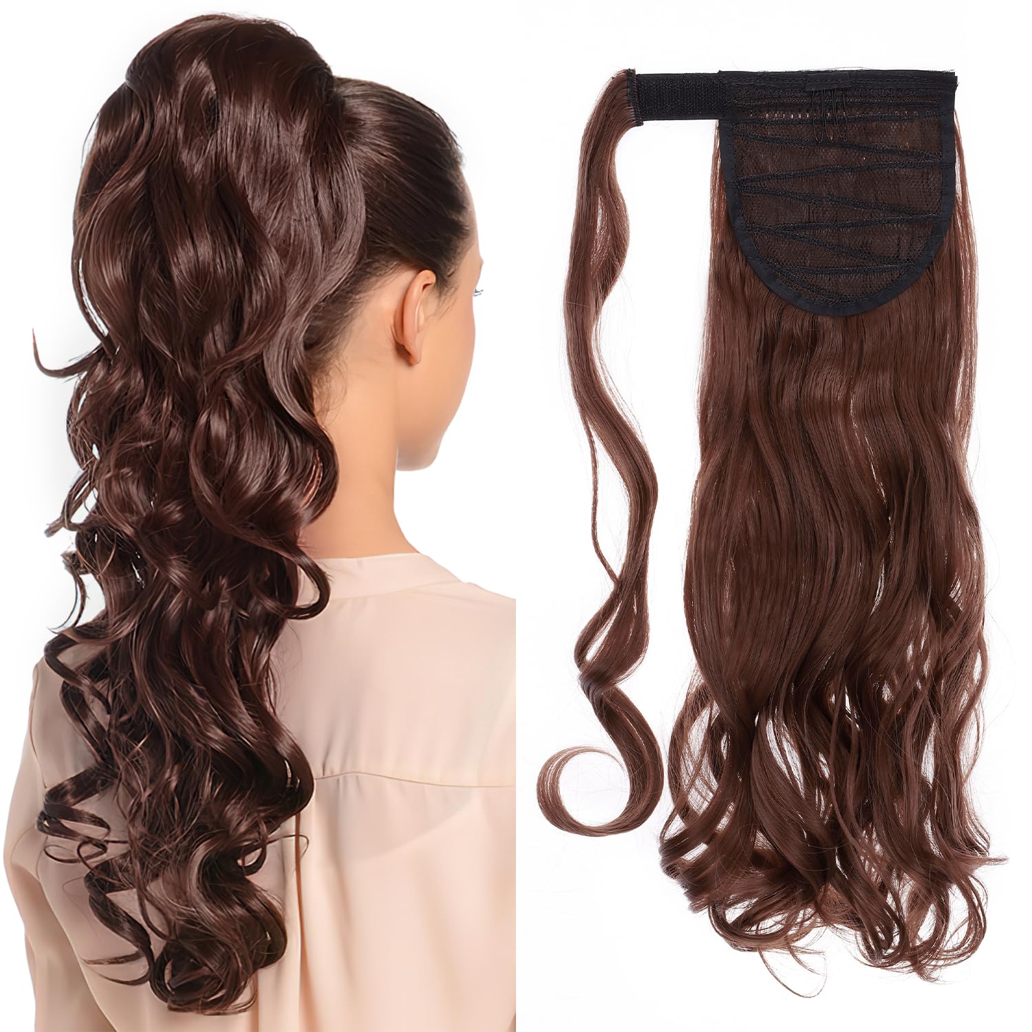 S-noilite 43 cm Natural Hair Extension Wrap Around Ponytail Curly Ombre Clip in Hair Extensions Dark Auburn