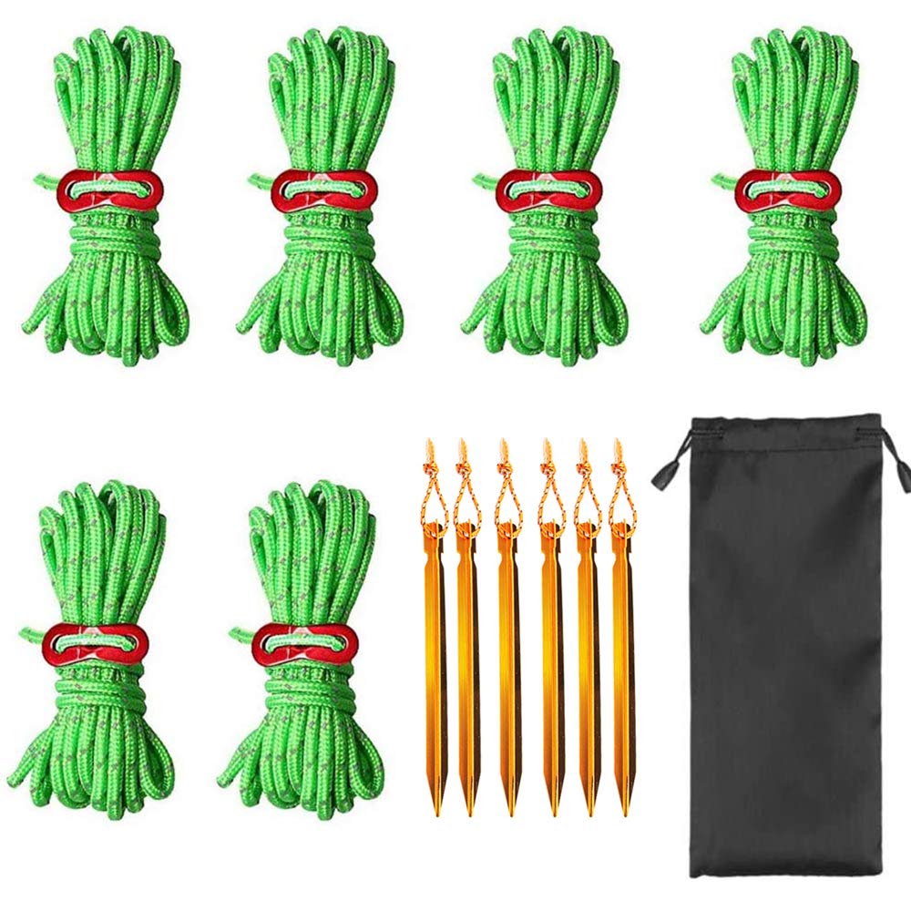 Homo Trends 1 set Guy Ropes,6pcs 4mm Reflective Cord Guy Line Tent Guy Line and 6pcs Camping Tent Pegs Heavy Duty for Aluminum Adjuster Outdoor Camping Hiking Awning Tents