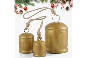 Rowfad 3 Pcs Harmony Cow Bells Vintage Christmas Gold Bells, Decorative Large Rustic Hanging Bell Ornaments for Christmas Mantel Garlands Table Centerpiece Set of 3 (3)