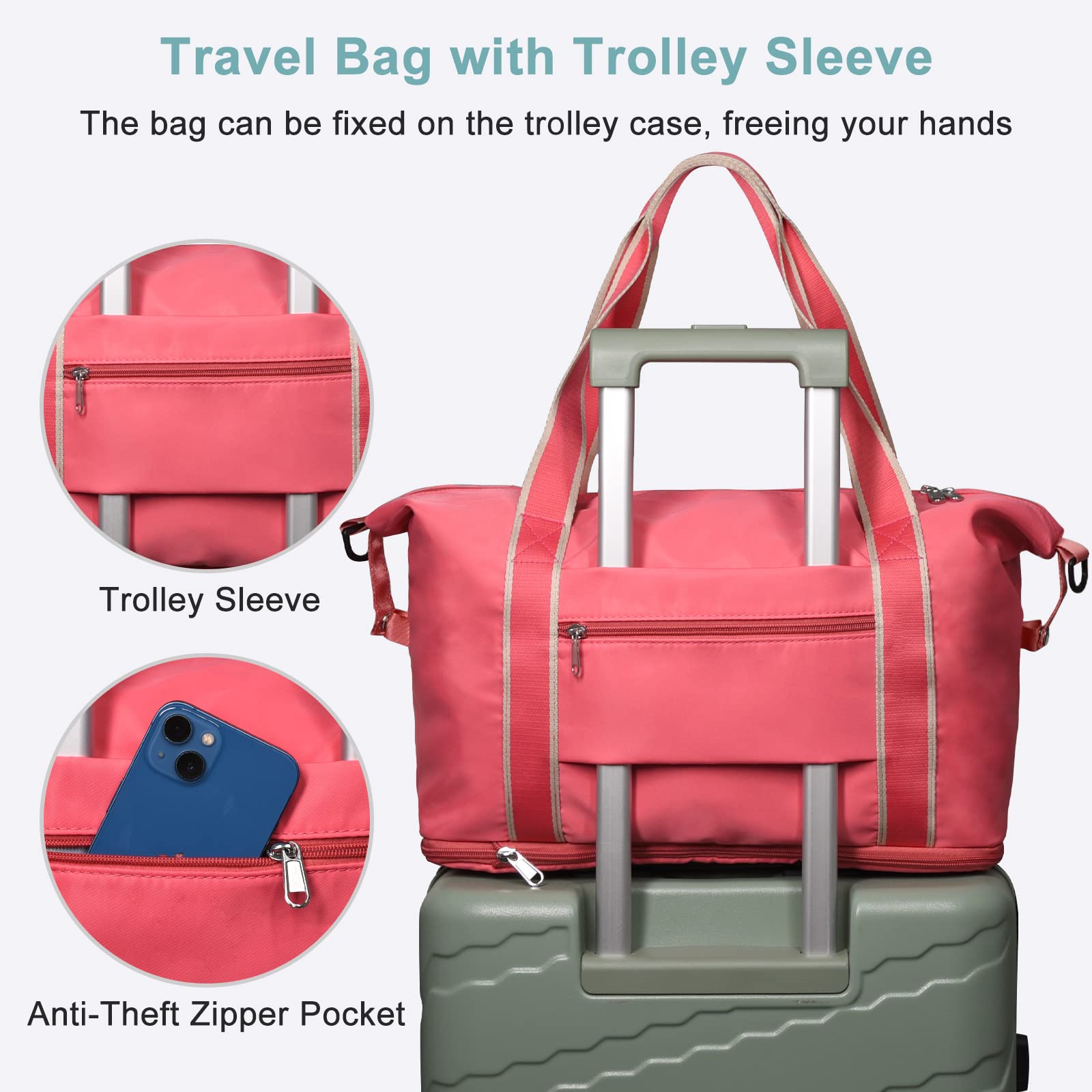 DMLuna Travel Duffel Bag, Tote Sports Gym Bag, Shoulder Overnight Weekender Bag for Women & Men, Hospital bag, Expandable Duffel Bag with Trolley Sleeve/Wet Pocket