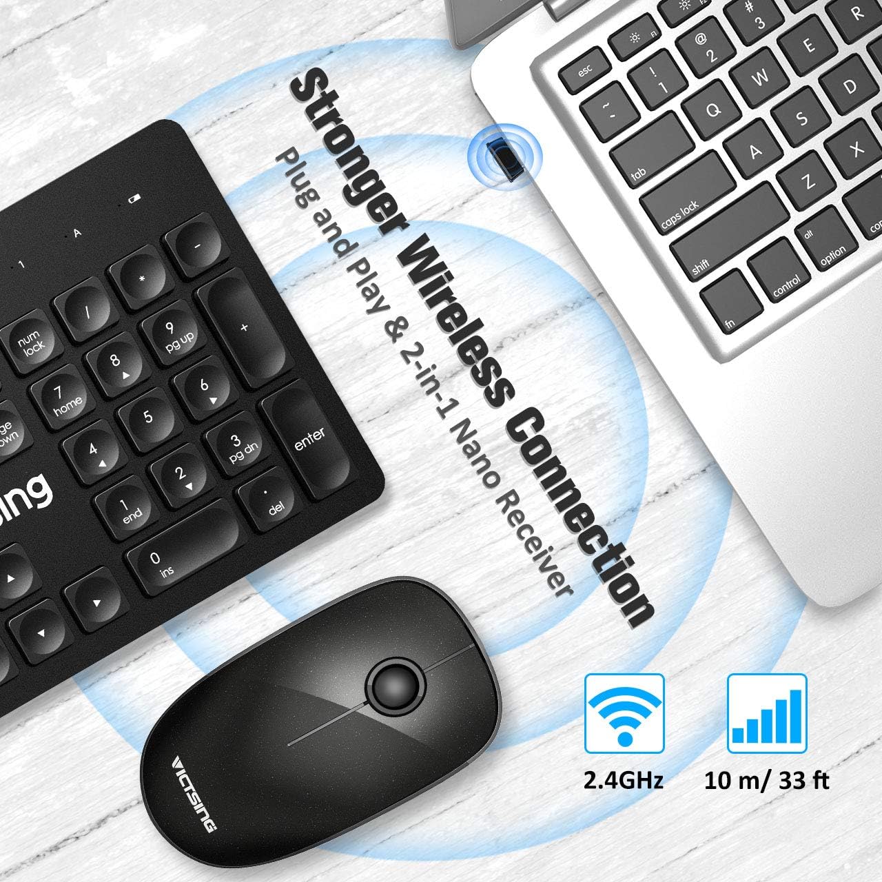 VicTsing Wireless Keyboard and Mouse [Whisper Quiet], 2.4GHz Wireless Keyboard Mouse Combo, Computer Keyboard and Wireless Mouse, USB Unifying Receiver, for PC Computer Laptop Windows iMac,Black: Computers & Accessories