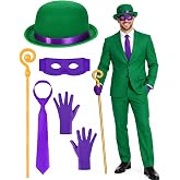 GANSHAYA 5 Pcs Question Mark Costume Accessories Green Derby Hat Gold Question Mark Cane Eye Mask Gloves Tie for Adult Women Men Halloween Party Cosplay Dress Up