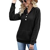 Sicnebee Women Hoodies Sweaters Oversized V Neck Striped Knit Pullover Sweatshirts Hooded Button Long Sleeve Tops with Pocket