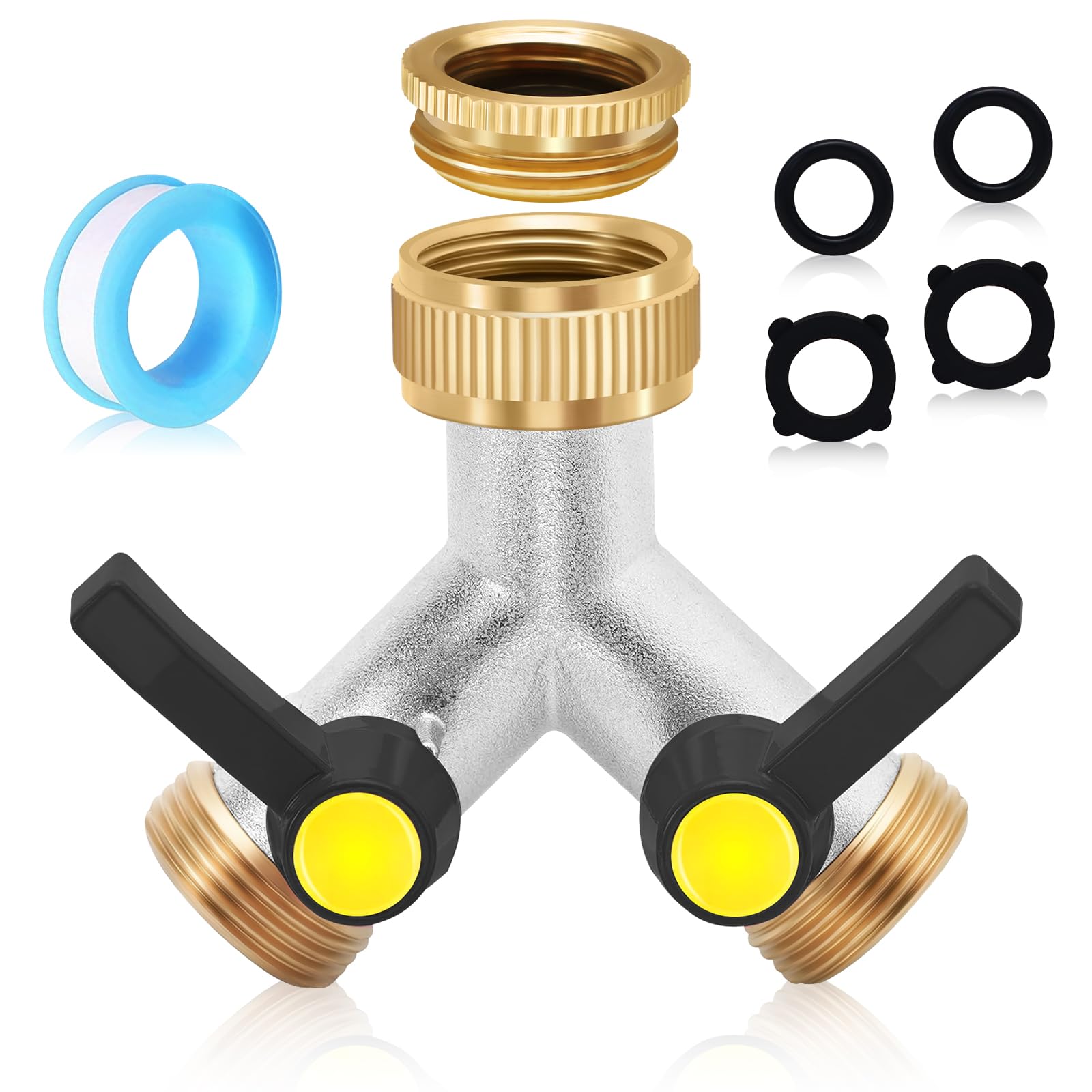 Tap Y Garden Hose Splitter, Brass 3/4” 2 Way Tap Manifold with 2 Individual On/Off Valves and Extended Handles, Pipe Hose Connector for Home Garden Outdoor