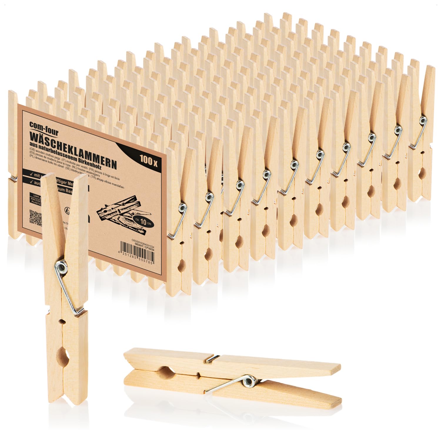 COM-FOUR® 100x XXL Clothespins made of wood - Sustainable wooden pegs made of birch wood - Untreated wooden clothespins for hanging clothes (100 pieces - Birch - XXL)