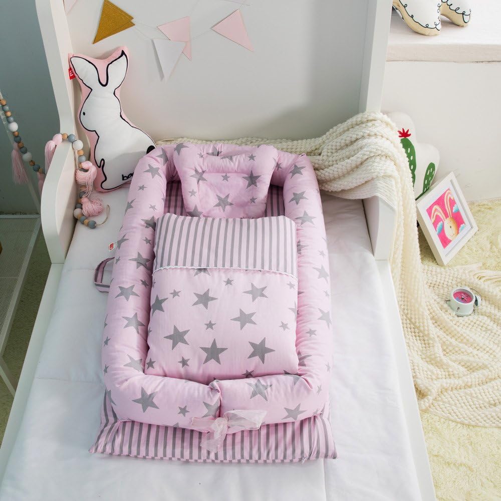 Baby Cot with Quilt (0-24 Months) Detachable Baby Isolated Bed Newborn Baby Sleeping Artifact Collapsible Bionic Bed (Starry Sky Pink)