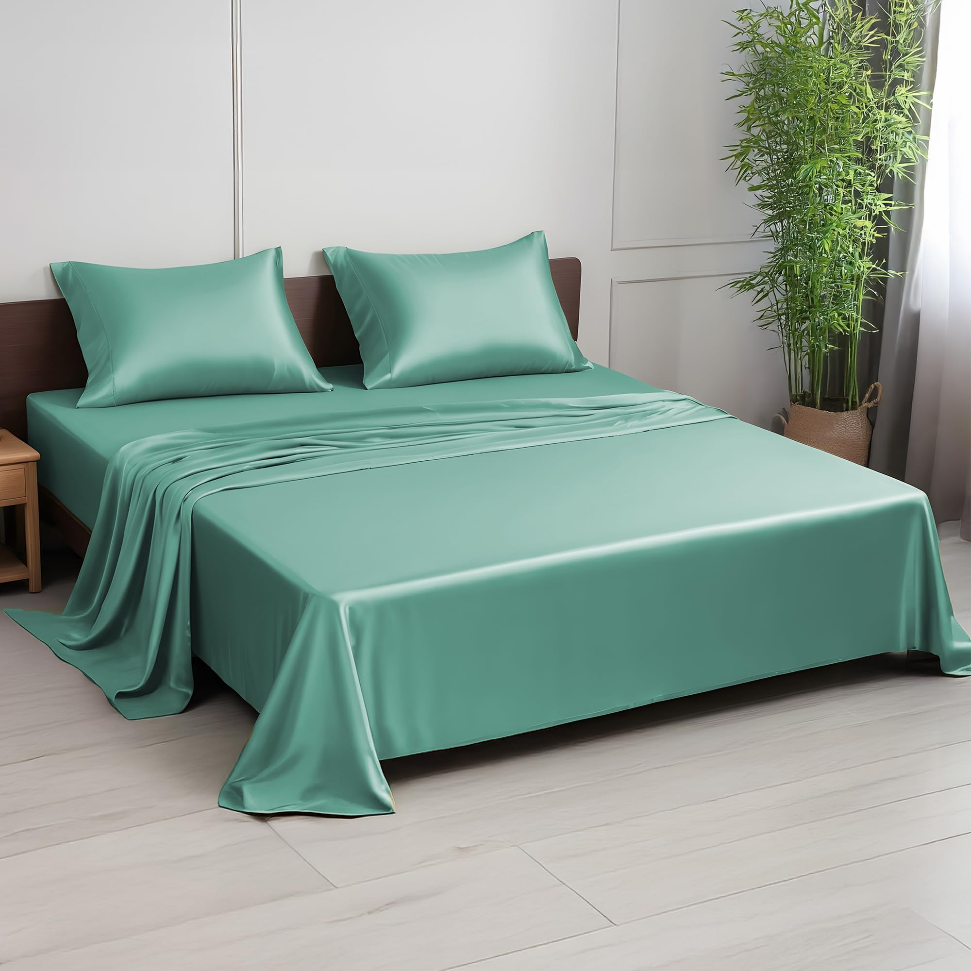 LINENWALAS Bamboo King Bedding Set, 300 Thread Count Cooling Sateen Weave Silk Sheets with 1 Fitted, 1 Flat & 2 Pillowcases (Aqua) — image 1