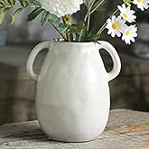 Tanvecle White Ceramic Vase with 2 Handles, Modern Farmhouse Decor, Rustic Terracotta Pottery, Decorative Flower Vases, Clay Small Vase, Centerpiece for Dining Table - 7 Inch Tall