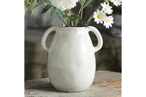 Tanvecle White Ceramic Vase with 2 Handles, Modern Farmhouse Decor, Rustic Terracotta Pottery, Decorative Flower Vases, Clay Small Vase, Centerpiece for Dining Table - 7 Inch Tall