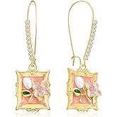 Gdpaddy Handmade Photo Frame Flower Dangle Drop Earrings 14k Gold Enamel Crystal Pearl Floral Leverback Earrings For Women
