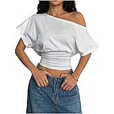 SOLY HUX Women's Off The Shoulder T Shirts Short Sleeve Asymmetrical Fitted Going Out Top Streetwear