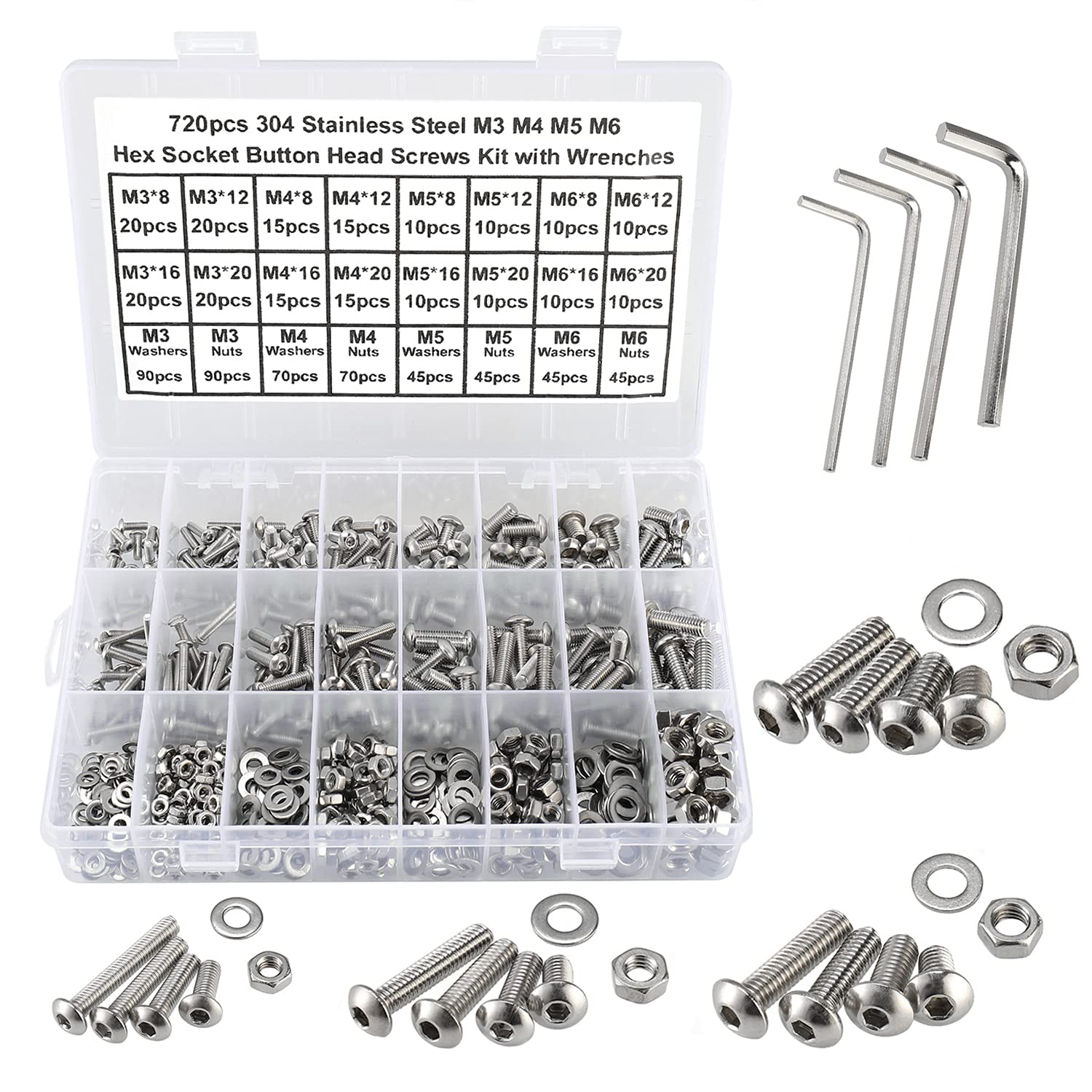 FandWay 720Pcs Bolts and Nuts Set,M3 M4 M5 M6 Button Head Machine Screws,ISO 7380 Allen Screws,304 Stainless Steel Hex Bolts and Washers Set Fully Threaded With 4 Allen Key. — image 1