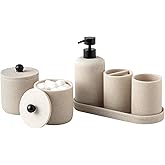 Haocoott Bathroom Accessories Set, 6 PCS Modern Bathroom Accessory Set with 15.2 OZ Soap Dispenser, Toothbrush Holder, Vanity Tray, Tumbler, 2 PCS Qtip Holders (Beige)