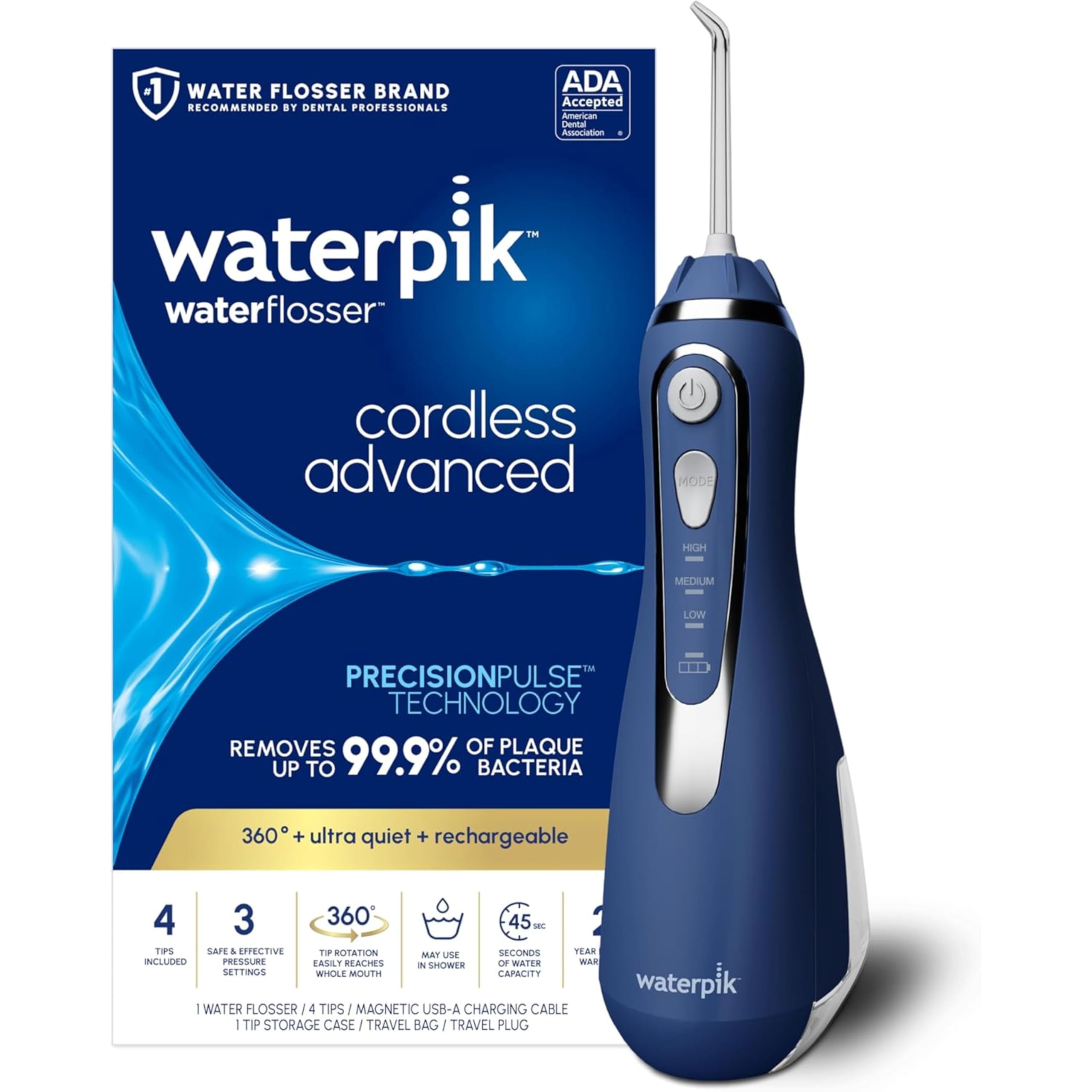 Photo 1 of Waterpik Cordless Advanced 2.0 Water Flosser For Teeth, Gums, Braces, Dental Care With Travel Bag and 4 Tips, ADA Accepted, Rechargeable, Portable, and Waterproof, Blue WP-583, Packaging May Vary