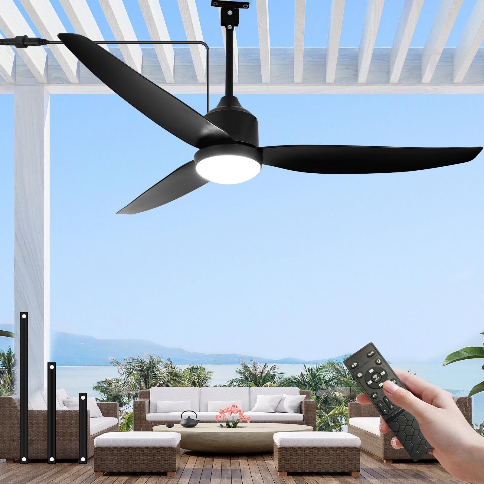 Outdoor Ceiling Fan with Light and Remote, 52-Inch LED 3-Blade Gazebo ...