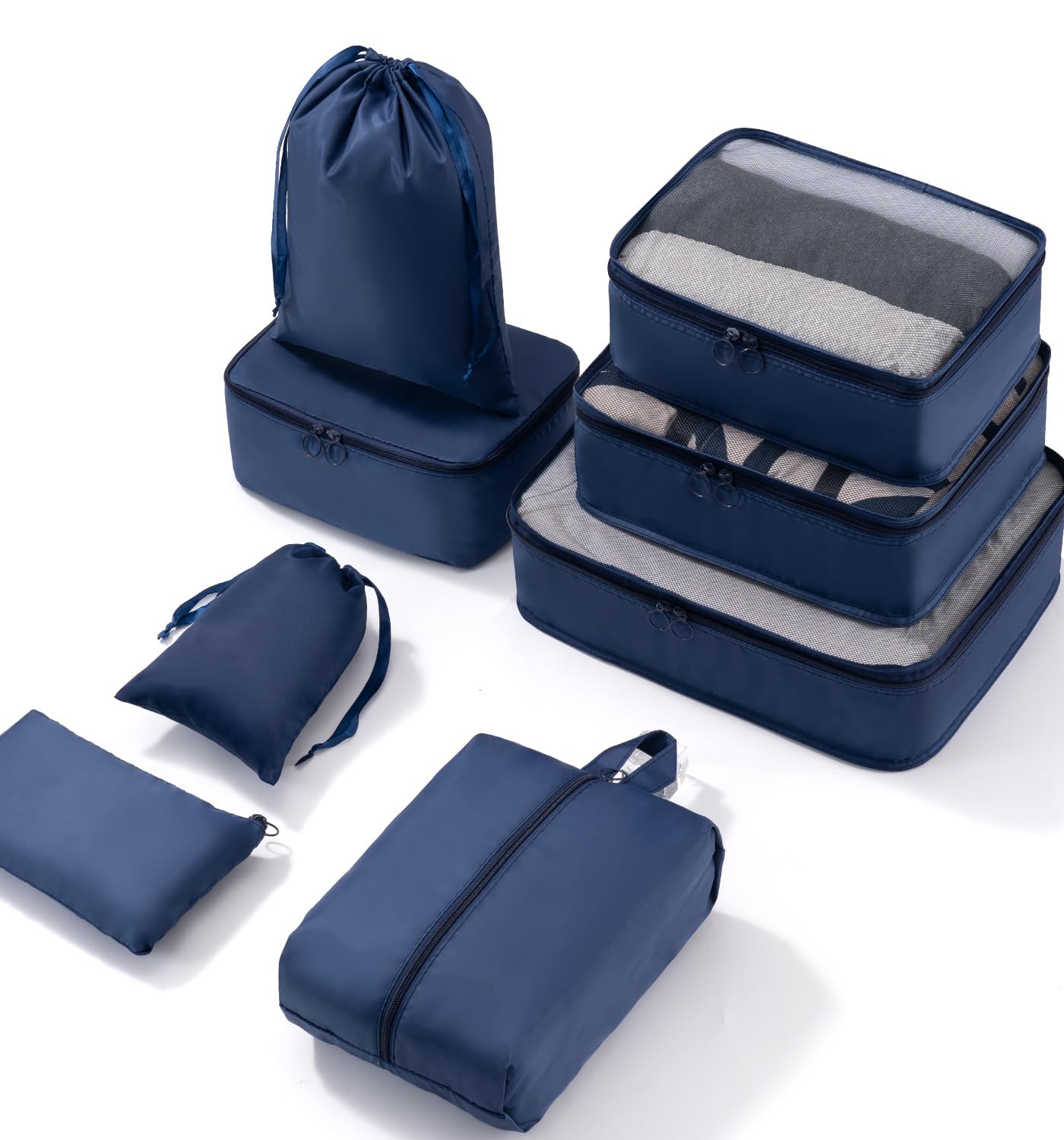 Meowoo Packing Cubes for Suitcases 8Pcs Set, Waterproof Travel Luggage Organizer with Shoes & Toiletries Bags - Lightweight Clothes Storage for Travel Essentials (Navy)