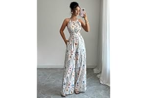 Womens Floral Halter Jumpsuit - Backless High Waist Wide Leg Romper, Sexy Boho Summer Vacation Overalls, White Floral