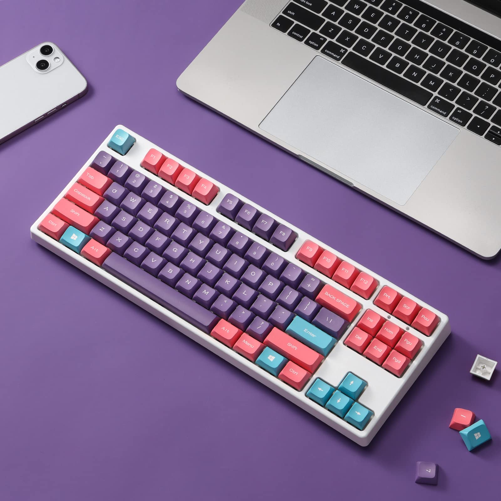 LTC LavaCaps PBT Double Shot 112-Key Sublimation Keycaps Set, KDA Profile for ANSI Layout 61/68/84/87/98/104 Keys Mechanical Keyboard, with Keycap Puller - (Only Keycaps), Neon Purple